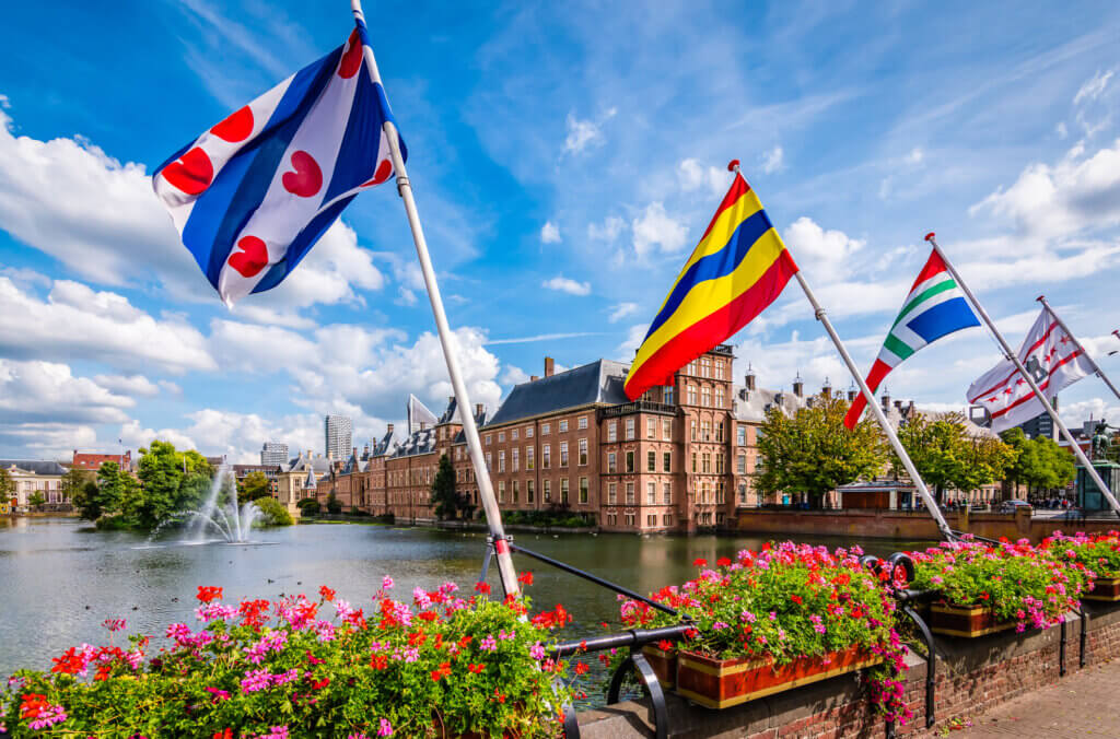 Flags of the Dutch provinces at the Hofvijver in The Hague The Netherlands - BrederBv